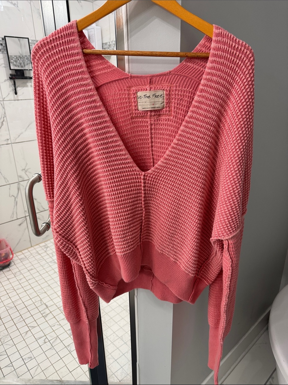 Free People We The Free Pink V-Neck Waffle Knit Sweater
